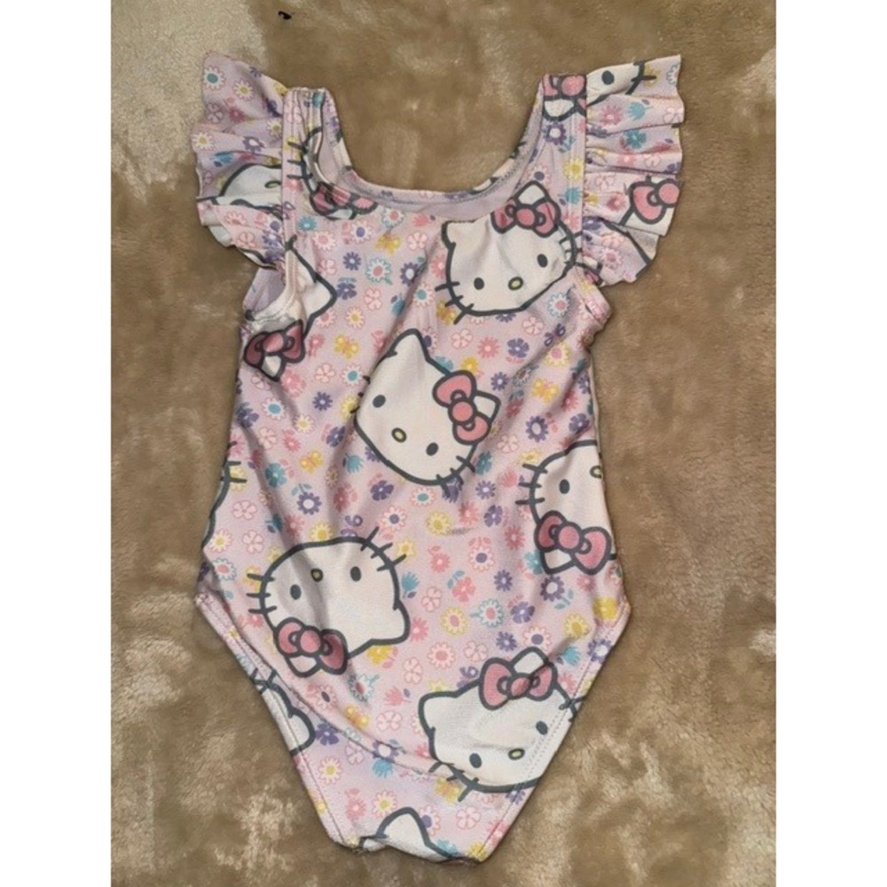 Hello Kitty Sanrio Toddler Girls Pink Floral Ruffle One Piece Swimsuit 2T (E)